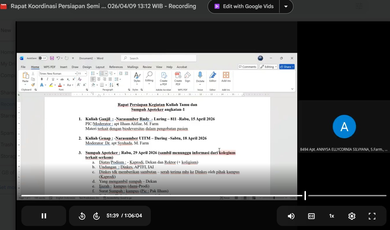 Rapat Koordinasi Persiapan Pelaksanaan Sumpah Apoteker dan Seminar Internasional Periode Genap 2025/2026